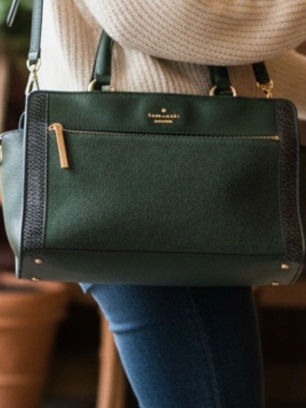 💙 Kate‎ Spade Forest Green Leather & Suede Handbag/Tote Preowned Good Condition